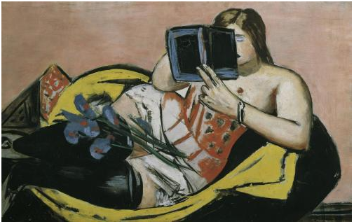 Reclining woman with book and irises