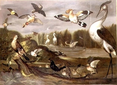 River landscape with a jay, a stonechat, a mallard, a wagtail and other birds by Franz de Hamilton