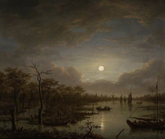 River scene by moonlight by Cornelis van der Meulen