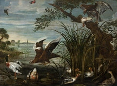 River Scene with Ducks and Geese being attacked by Hawks by possibly Johannes Hermans