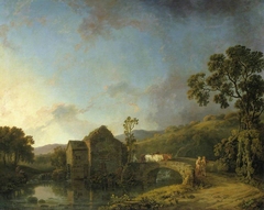 River Scene with Watermill, Figures and Cows by George Barret