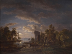 Rivier en molen in maneschijn by Jacob Abels