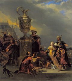 Sarah is given back to Abraham, who is honoured with a thousand pieces of silver and other gifts (Genesis 20:14) by Nicolaes Pieterszoon Berchem