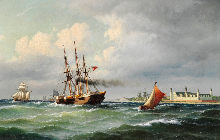 Seascape off Kronborg with numerous ships and a pilot boat