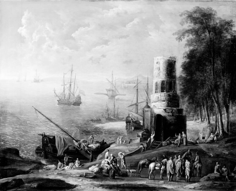 Seascape with Ships, a Forest and a Tower