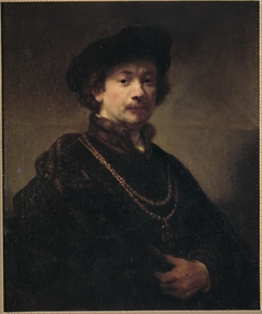 Self-portrait with beret, gold chain, and medal