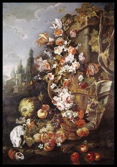 Still Life of Flowers and Fruits in a Garden
