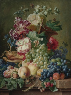 Still life of flowers and fruits on a marble ledge by Paul Theodor van Brussel