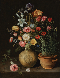 Still life of flowers in a stoneware vase, with a pot with carnations