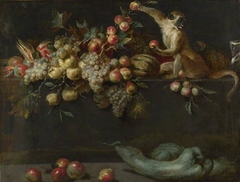 Still Life of Fruit and Vegetables with Two Monkeys