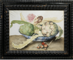 Still Life with a Chinese Plate, Artichokes, a Rose, and Strawberries