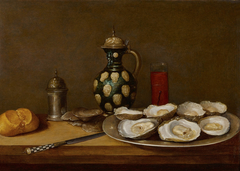 Still life with a plate of oysters, bread, a knife, drinking vessels and a caster