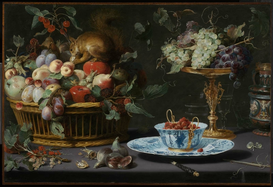 Still Life with Fruit, Wan-Li Porcelain, and Squirrel