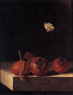 Still life with three medlars and a butterfly by Adriaen Coorte