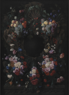 Stone Cartouche with Fruit and Flower Garland by Joris van Son
