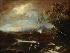 Stormy Mountainous Italianate Landscape with Travellers by manner of Adriaen van Diest