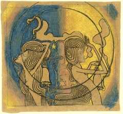 Twee gestileerde vrouwelijke figuren met klok in de hand by Jan Toorop
