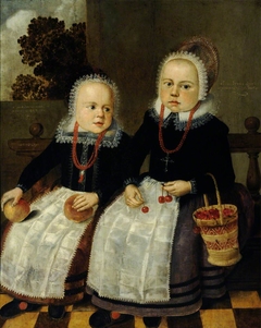 Two Dutch Children, holding apples and cherries and a straw bag by Anonymous