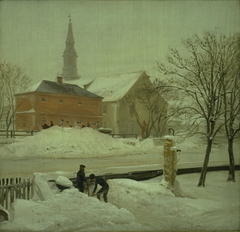Udsigt fra kunstnerens bolig i Løweners ejendom på Christianshavn. Vinterdag med sne by P C Skovgaard
