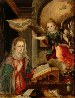 Verkündigung Mariae mit den Zügen der Königin Margarete (1584-1611) und der Infantin Anna (1601-1666) by Juan Pantoja de la Cruz