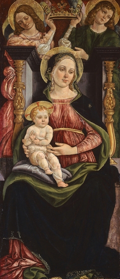 Virgin and Child Enthroned with Two Angels Holding a Crown