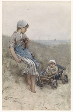 Vissersmeisje met kind in kinderwagen in de duinen by Bernardus Johannes Blommers