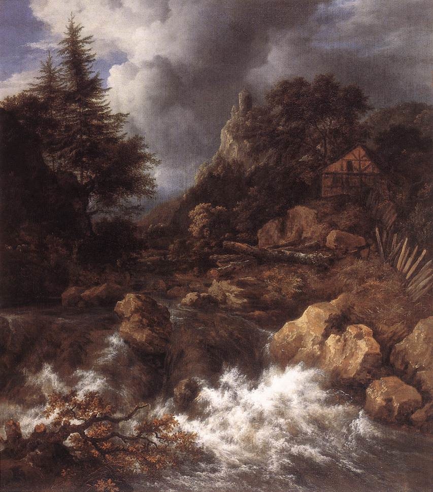 Waterfall with a Half-Timbered House and Castle