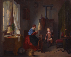 Woman at the spinning wheel and drum boy with saber by Georg Friedrich Kersting