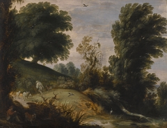 Wooded landscape with a shepherd tending his flock on a riverbank by Gijsbrecht Leytens