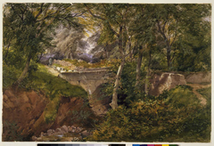 Wooded Landscape with Sheep Crossing a Bridge by Henry Jutsum