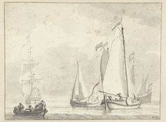 Zeegezicht met enkele schepen op de rede liggend by Willem van de Velde II
