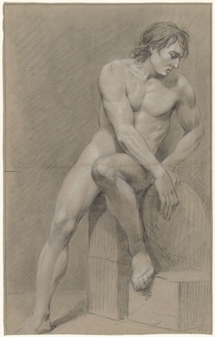 Zittend mannelijk naakt, naar rechts gedraaid, de linkervoet op een blok by Jurriaan Andriessen