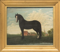 Zwart paard met witte bles en witte rechterachtervoet, achtergrond toren Akkrum by anonymous painter