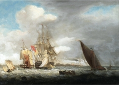 A British Men-of-War surrounded by coastal craft by Thomas Luny