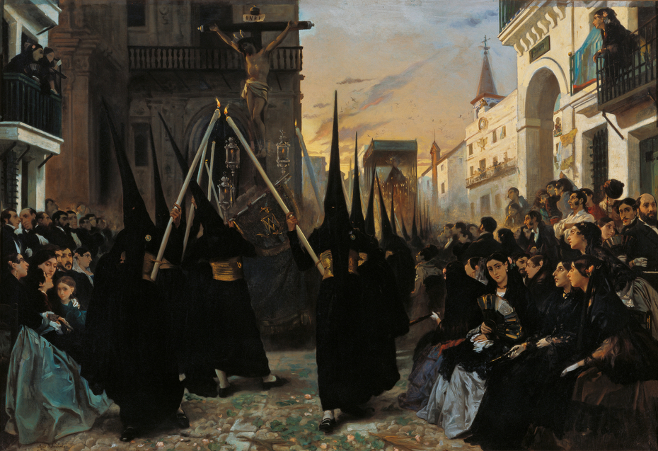 A Confraternity in Procession along Calle Génova, Seville.