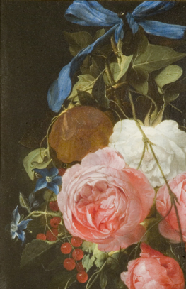 A festoon of flowers and fruit, hanging from a nail