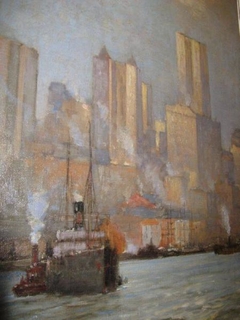 A Freighter Pulls Out, East River, NYC by Carlton Theodore Chapman