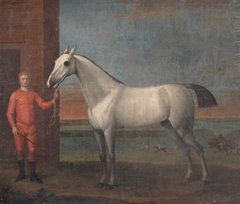 A Grey Horse and Jockey in Red Colours, before a Stable by John Wootton