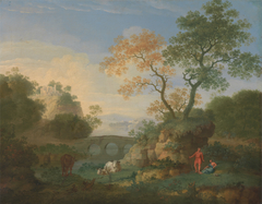 A Landscape with Distant Classical Ruins, a Bridge, Figures, and Cattle by William Smith