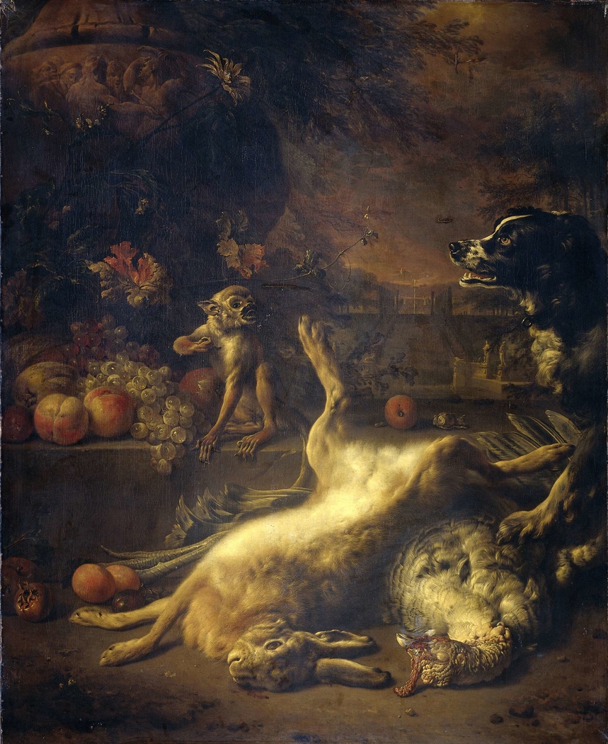 A Monkey and a Dog with Dead Game and Fruit