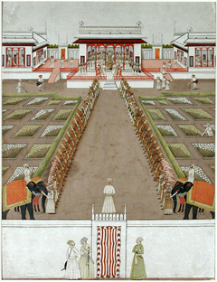 A Nawab holding court within a pavillion, beyond an avenue of retainers and two by Anonymous