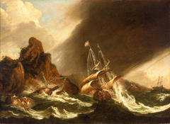 A ship and a Galley Wrecked on a Rocky Coast by Matthieu van Plattenberg