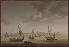 A three-masted sailing ship and other shipping before Gouda by Christoffel Pierson