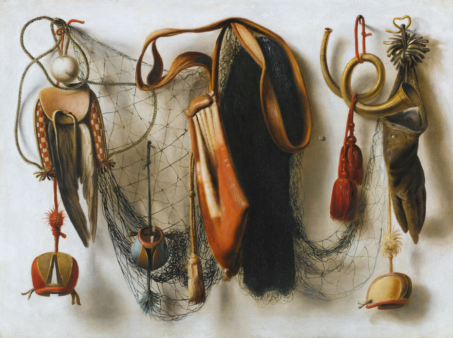 A Trompe l'Oeil of Hawking Equipment, including a Glove, a Net and Falconry Hoods, hanging on a Wall