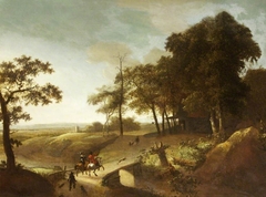 A Wooded River Landscape with a Hawking Party crossing a Bridge