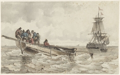 Acht mannen in een roeiboot bij een zeilschip by Frans Arnold Breuhaus de Groot
