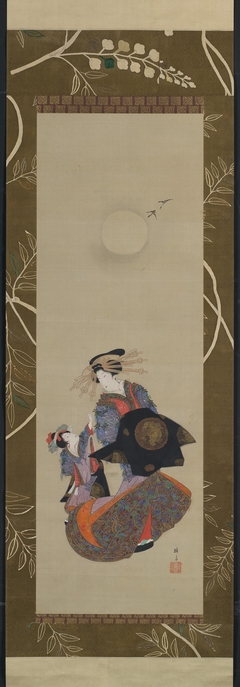 Beauty of the Yoshiwara with Apprentice in Moonlight by Hokuba