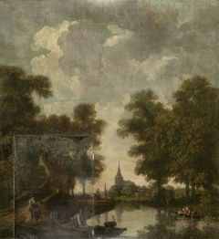 Behangselschildering met een Hollands landschap met rivier by Unknown Artist