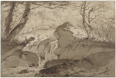 Berglandschap met waterval tussen bomen, waarlangs een schaapherder zijn kudde voert by Gerard van Nijmegen
