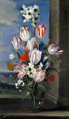 Blumen in einer Vase mit der Belagerung von Gravelingen by Jan van den Hecke